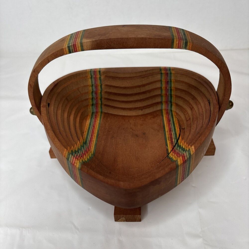Vintage Collapsible Heart Handled Basket Wood Rainbow Deep Spring Studio Signed